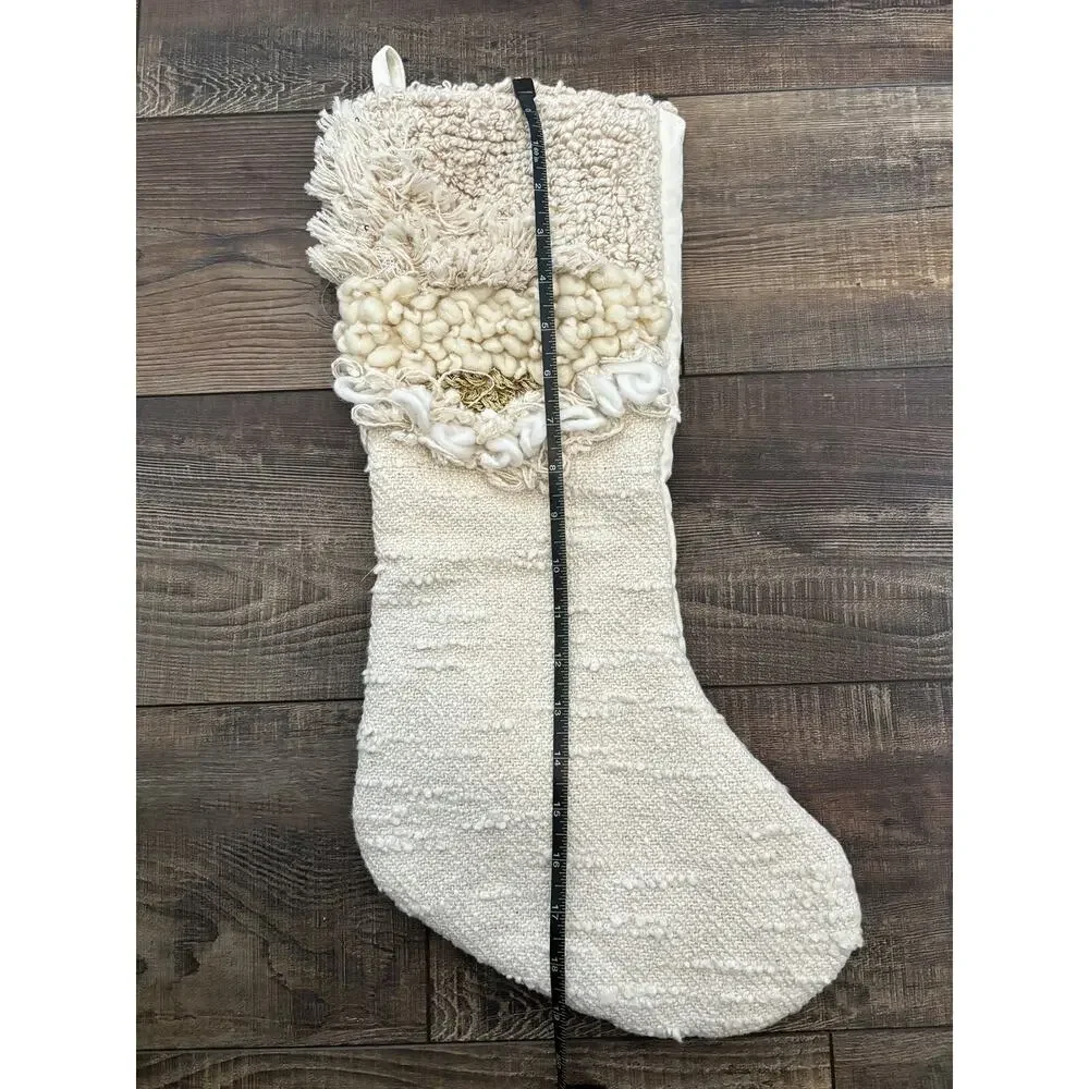 World Market Neutral Boho Bohemian Ivory Cream Gold Christmas Stocking 19